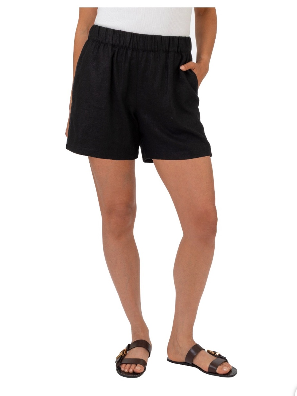 Blanck NYC Women's Black Elastic-Waist Linen Blend Casual Shorts